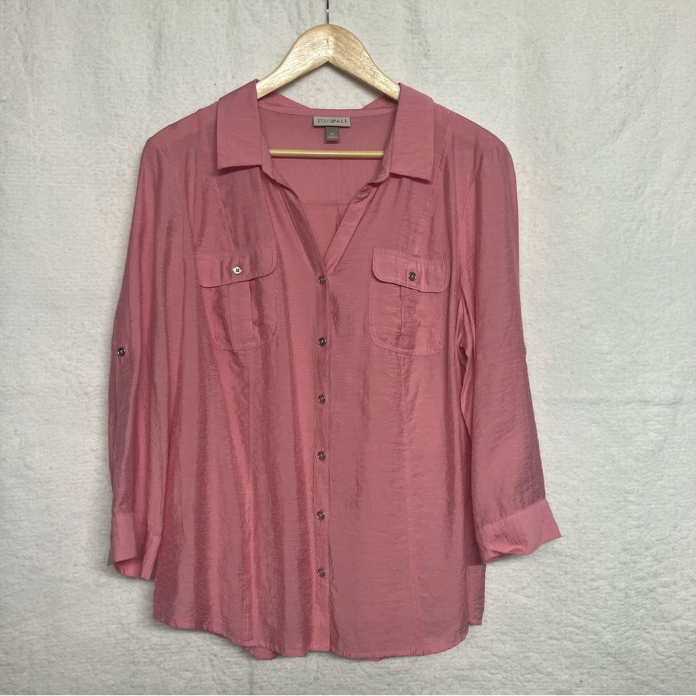 Roz & Ali XL Pink Utility Blouse Roll Tab Sleeve Button Up Top - Picture 4 of 7